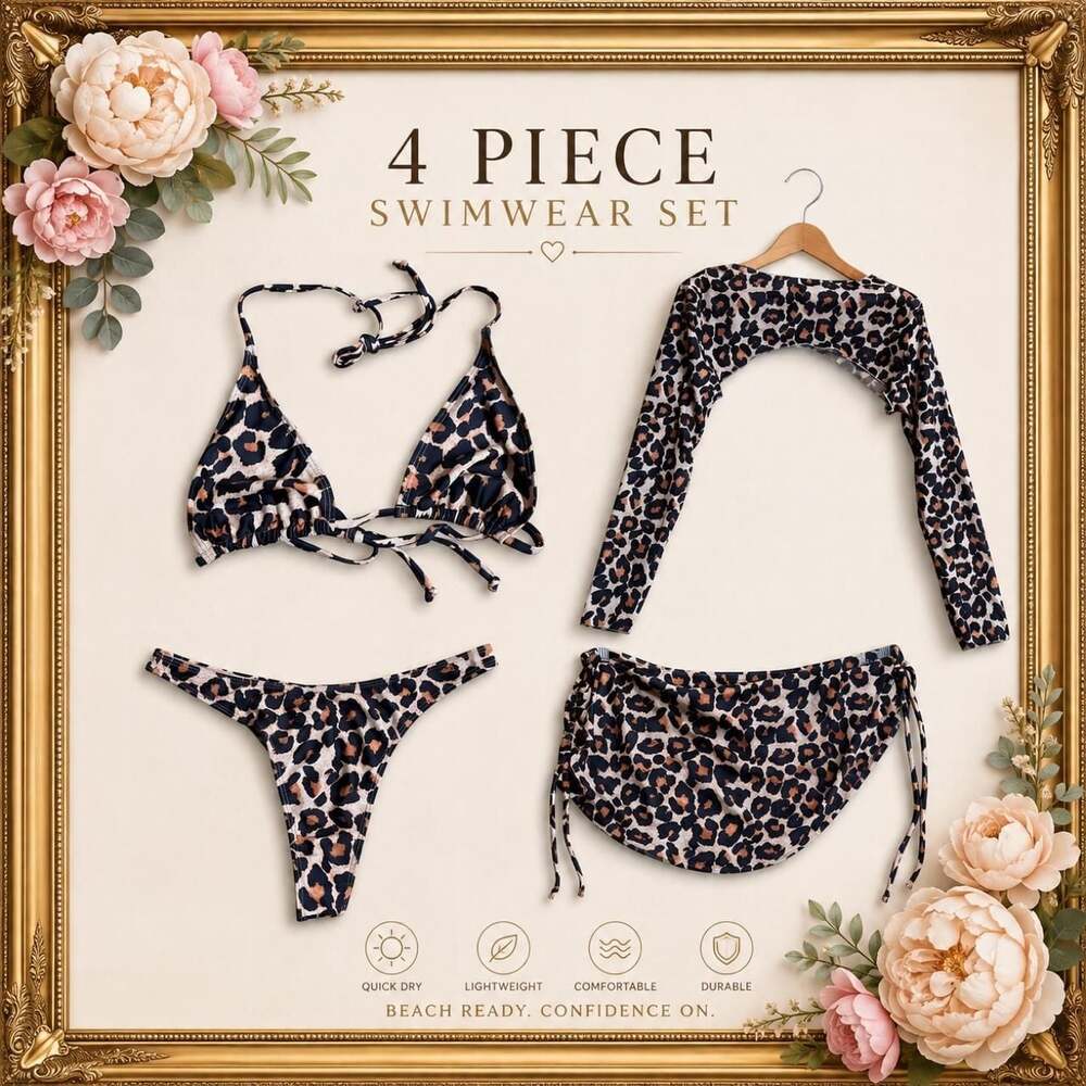 4-Piece Leopard Print Bikini Set with Long Sleeve Cover Up, Size Large